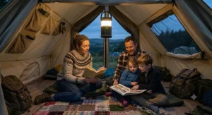 A photorealistic interior view of the spacious canvas bell tent, softly illuminated by the warm glow of the rechargeable tent lantern. A British family is seated comfortably on blankets, sharing a book. The background doorway mesh shows a hint of twilight over the hills. Natural light fills the cosy space.