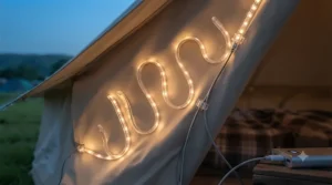 Flexible adhesive LED strip lights attached to the ceiling of a canvas tent.