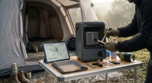 Alt text for image 5: An illustration comparing a compact, ultra-portable gas heater with a larger, more powerful model, with both labelled for different tent sizes and typical UK camping durations.