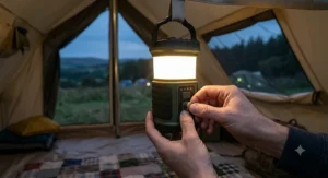 A close-up photorealistic shot of a hand precisely adjusting the knurled metal dimmer knob on the rugged olive-green tent light. The soft, warm LED light subtly changes intensity, visually demonstrating the dimming feature within the cosy canvas tent. High-definition micro-textures.