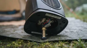 Close-up of an automatic tip-over safety switch on the base of a portable camping heater.