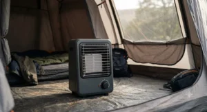 Alt text for image 3: A step-by-step illustrative guide demonstrating how to safely connect a gas canister and operate the integrated piezo ignition switch to start a portable gas tent heater.