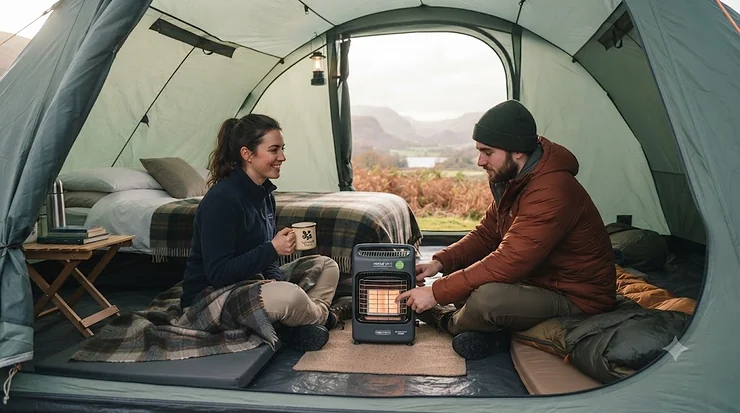 A couple staying warm and cosy inside a large canvas tent in the British countryside while using a portable indoor safe tent heater