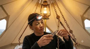 A detailed close-up of hands wearing a bright LED headlamp, using the focused beam to read a map and use a multi-tool. This demonstrates the practical use of hands-free task lighting.