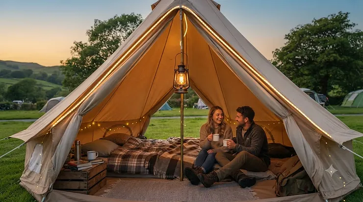 Warm LED strip lights wrapped around a hanging camping lantern inside a tent. hanging lantern for tent