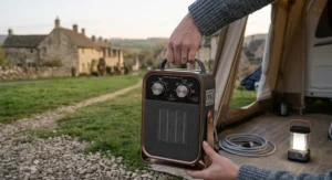Lightweight camping heater featuring a convenient carry handle.
