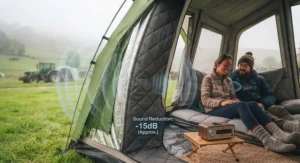 Graphic showing how the thick material helps dampen outside noise for a peaceful night's sleep.
