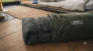 The compact insulation liner folded and stored neatly in its carry bag for easy transport.