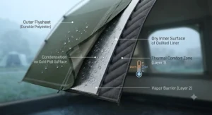 Illustration demonstrating the liner's role in reducing internal condensation on damp UK mornings.