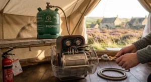 Portable gas heater with oxygen-depletion sensor for camping.