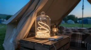 A portable camping lantern suspended next to decorative LED strip lights.