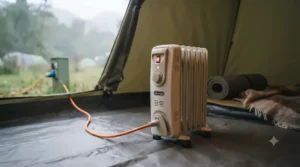A small, 800W oil-filled radiator providing gentle warmth inside a small camping tent.