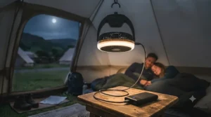 Close-up detail shot showing a dark grey braided USB-C cable plugged into the charging port of the rechargeable tent fan, which is resting on a rustic wooden side table, highlighting ease of power access for UK campers.
