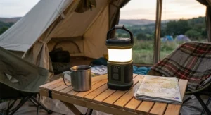 A photorealistic natural light photograph capturing the olive green rechargeable tent light resting stably on a small wooden folding table at a UK campsite at dusk. The lantern's diffuse LED panel glows softly, functioning as a warm table lamp next to a metal camping mug and a map. The canvas bell tent entrance and rolling hills are in the background.