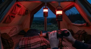 A photorealistic interior shot of the canvas tent at deep twilight, softly illuminated exclusively by the crimson-red glow from two hanging rechargeable tent lanterns operating in night-vision mode. A pair of hands in the foreground adjusts binoculars. The view through the mesh doorway is a deep blue night sky over woodland silhouettes.