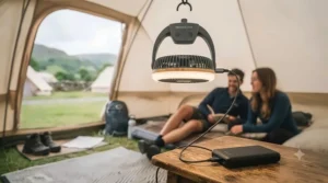 A first-person view from inside a tent, showing a hand holding the dedicated remote control for the ceiling-mounted rechargeable tent fan. The user is pointing the remote at the fan, illustrating ease of adjustment from a camping chair or sleeping bag.