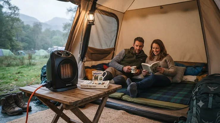 Compact electric fan heater running safely on a table inside a modern family tent. camping heater indoor safe