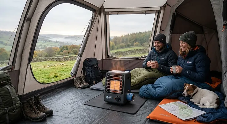 Alt text for image 1: A photorealistic landscape photograph capturing a cosy autumn camping morning in the British Peak District. Inside a large grey family tent, a British couple, bundled in Rab and Berghaus insulated jackets, relaxes with tea and their Jack Russell terrier, warmed by a modern, compact grey gas tent heater. The view outside through the open tent door shows rolling green hills under soft, overcast daylight. gas tent heater
