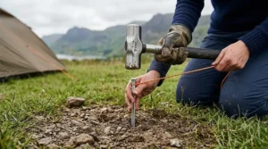 Heavy-duty steel mallet designed for driving large tent pegs into hard, stony ground common in the UK highlands.