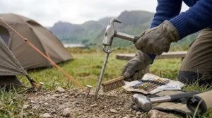 Tips for storing your camping mallet and tent pegs, showing maintenance steps like cleaning and greasing before packing away.