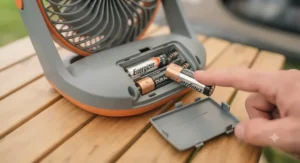 Close-up showing how to easily insert AA batteries into the base of the tent fan.