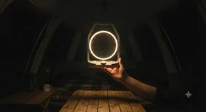 The built-in LED light on the battery powered tent fan illuminating the inside of a dark tent.