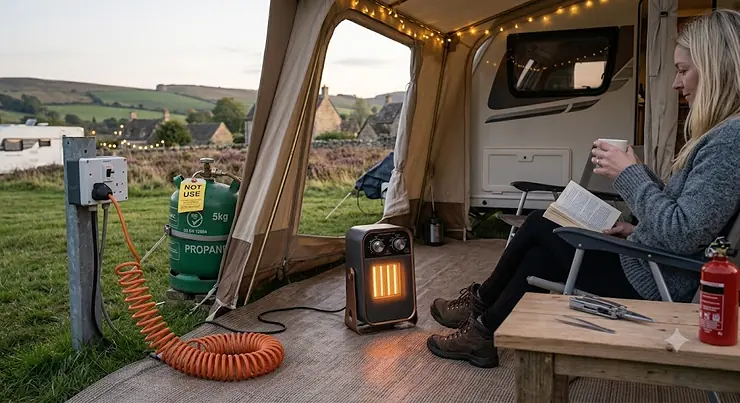 Compact heater providing warmth inside a caravan or tent awning. small portable heater for tent