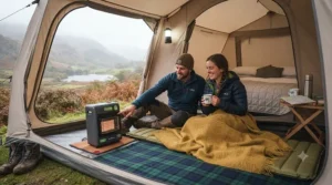An informative diagram detailing the essential safety features of an indoor-safe tent heater, including the oxygen depletion sensor and tip-over switch.