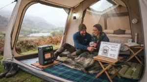 An illustration showing the importance of maintaining proper ventilation in a tent when using an indoor-safe heater for a safe winter camping experience.