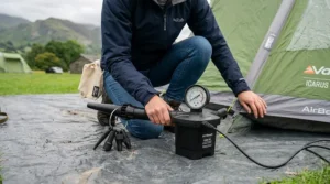 A close-up of a pressure gauge on a tent pump, ensuring the correct PSI is reached for a stable tent structure.