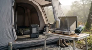 Alt text for image 4: Visual guide illustrating the importance of cross-ventilation. It shows a cutaway illustration of a typical camping tent with clear arrows indicating the correct flow of fresh air that must be maintained when using an indoor gas heater.