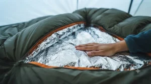 Interior view of a sleeping bag lined with the insulating metallic thermal blanket material.