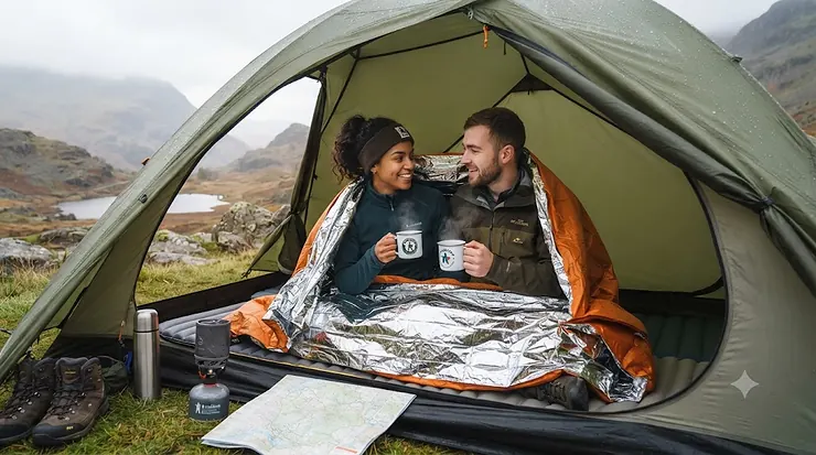 A couple wraps themselves in a reflective thermal tent blanket for warmth inside a tent while wild camping in the Lake District. thermal tent blanket