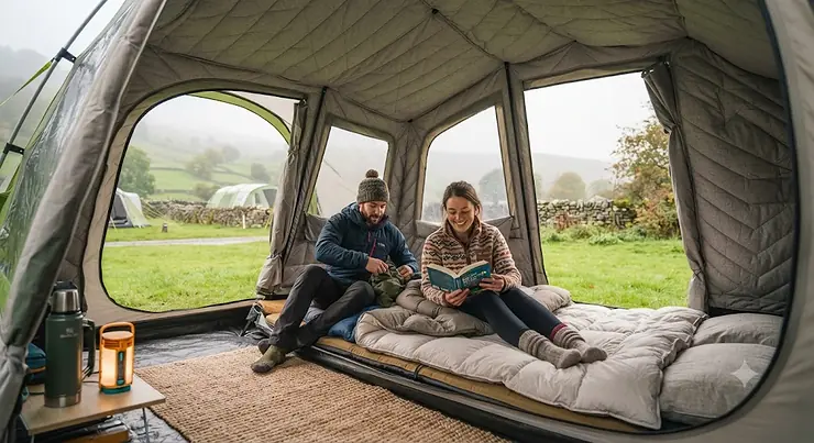 A thermal insulation liner installed inside a family tent for warmth during autumn camping trips. tent insulation liner