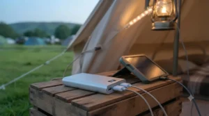 USB-rechargeable LED strip lights providing bright illumination for a family camping tent.