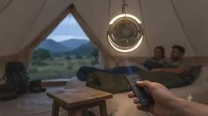 The rechargeable tent fan standing on a weathered wooden picnic table outside a canvas tent. The casing shows small, realistic water beads after a rain shower, demonstrating its durable, weather-resistant construction for unpredictable British weather.