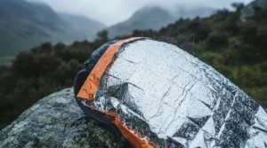 The waterproof thermal blanket is draped over a backpack on a wet rock, with raindrops beading on its reflective surface.
