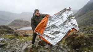 A hiker in the mountains holds up a large, billowing thermal blanket, demonstrating its use as a windbreak.
