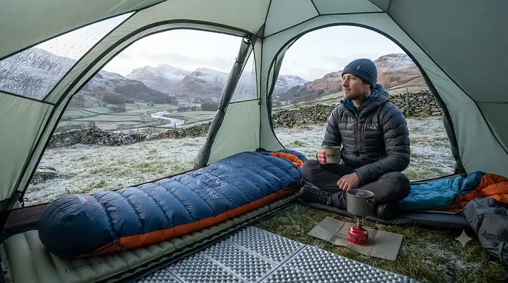 A wide-angle, photorealistic view looking out from inside a robust, red geodesic winter tent pitched on a frosty mountainside in the Cairngorms, Scotland. The snow-dusted glen and distant peaks are visible under a moody, overcast sky. The tent floor is covered by a thick insulating system of stacked foam and inflatable mats, topped with a quality down sleeping bag. A small, efficient multi-fuel stove is glowing, and a person is cosily inside, demonstrating the warmth. winter camping insulation