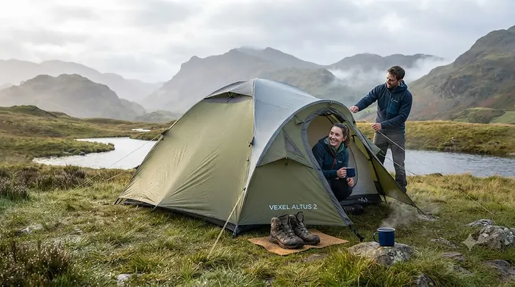 A breathable anti-condensation tent pitched on a wet campsite in the UK, designed to prevent moisture build-up. anti condensation tent