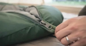 Detail view of a sturdy anti-snag zip mechanism on a connectable sleeping bag.