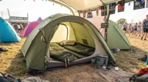 A vibrant camping setup inside a tent at a UK music festival featuring an affordable sleeping bag.