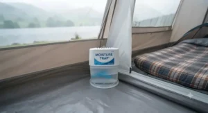 A discreet moisture absorber for a tent tucked safely in the corner of a sleeping compartment.