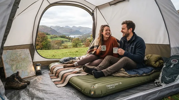 A compact self-inflating sleeping mat rolled out inside a green camping tent during an autumn camping trip in the Lake District. self-inflating sleeping mat