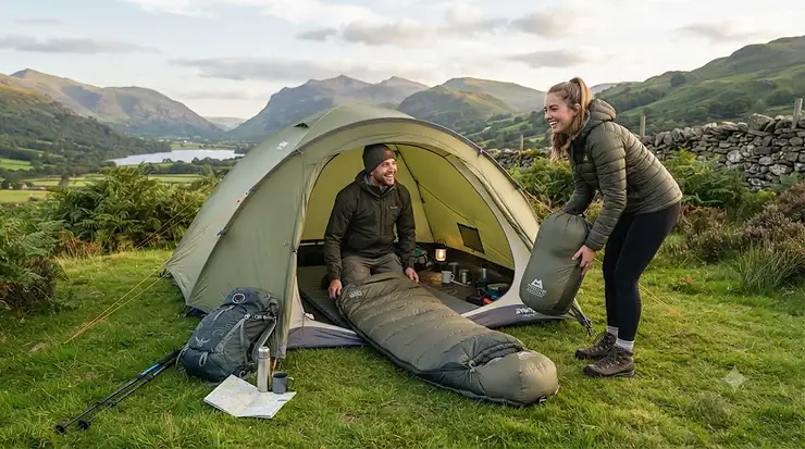 A high-quality camping sleeping bag laid out in a British woodland setting, representing the best sleeping bag under £100 for UK camping trips. sleeping bag under £100