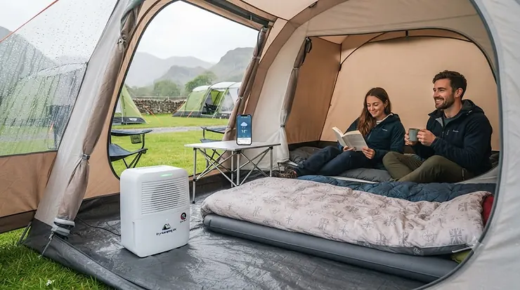 A high-quality portable tent dehumidifier positioned inside a family tent during a rainy British camping trip. tent dehumidifier