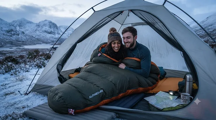 A person warm and cosy inside a high-performance winter sleeping bag while camping outdoors in a snowy British landscape. winter sleeping bag