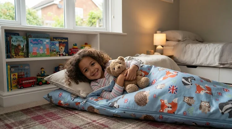 Colourful character sleeping bag for kids rolled out on a bedroom floor, perfect for sleepovers and camping trips. character sleeping bag for kids