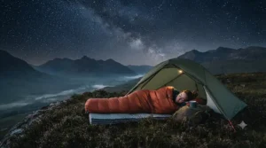 Backpacker relaxing in a lightweight down sleeping bag outside a tarp shelter looking at the night sky in the Lake District.