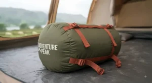 A compression sack packed tightly with a portable double sleeping bag ready for a UK weekend camping trip.